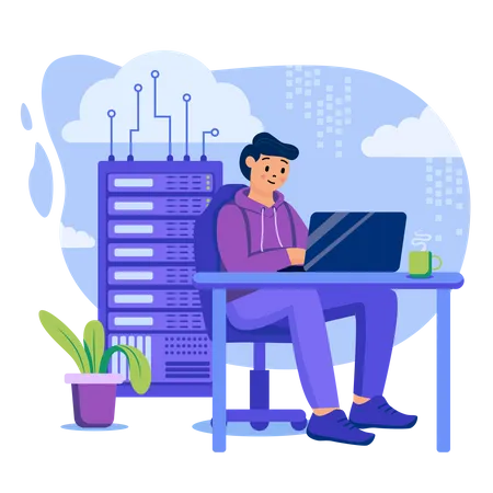 Cloud Data Center Concept Engineer Works In Server Room Tech Support Maintains Hardware Cloud Computing Technology Template Of People Scenes Vector Illustration With Characters In Flat Design Illustration