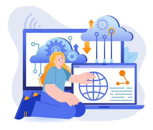 Cloud Computing Concept Woman Uses Cloud Services Over Internet Scene Servers Online Storage Databases Networks Software Analytics Vector Illustration With People Character In Flat Design イラスト