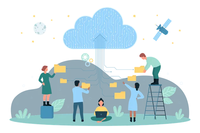 Cartoon Tiny People Holding Folders With Files To Download Information To Server Characters Upload Backup Of Documents And Archives Cloud Data Storage Network Technology Dark Vector Illustration Illustration