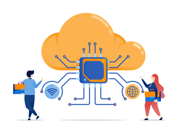Cloud internet data connected to learning engine chips supporting cloud technology development  Illustration