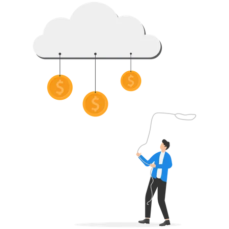 Cloud Investment New Technology Using Cloud Computing Stock Rising Up And Gain More Profit In New Normal Economic Concept Businessman Investor Catching Dollar Money Sign Falling From Cloud Illustration