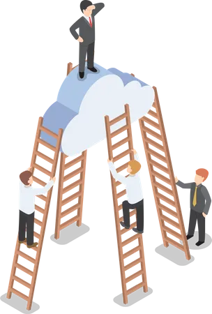 Isometric Businessman Standing On The Cloud And Look Around With His Rival Climbing The Ladder To Reach Him Vision Success Leadership Concept VECTOR EPS 10 Illustration