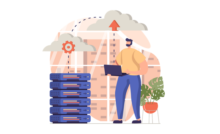 Cloud scientist maintaining cloud serve rig  Illustration