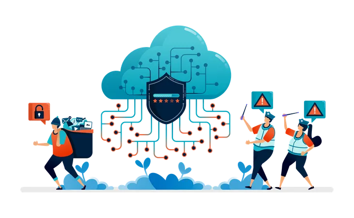 Illustration Of Cloud Security Guard Systems From Theft And Misuse Of Digital User Data Illustration