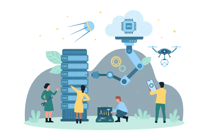 Cartoon Tiny People Control Server Hardware With Robot Arm Drone Repair Smart System And Infrastructure With Automatic Machines And AI Brain Cloud Server Automation Process Dark Vector Illustration Illustration