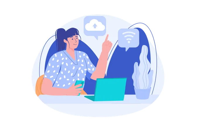 Blue Concept Cloud Service With People Scene In The Flat Cartoon Style Internet Specialist Works With Cloud Services Vector Illustration Illustration