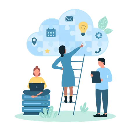 Cloud Service Usage Vector Illustration Cartoon Tiny People Work With Puzzle Jigsaw Inside Cloud Diagram Plan Workflow With Software Pieces And Database Network Infrastructure And Connection Illustration