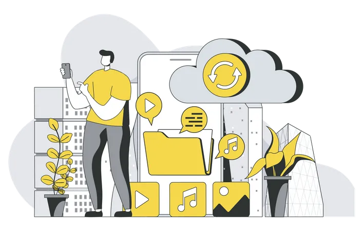 Cloud Storage Concept With Outline People Scene Man Transfers Content And Files To Cloud Creates Backup Of Data And Opens Access To Users Vector Illustration In Flat Line Design For Web Template Illustration