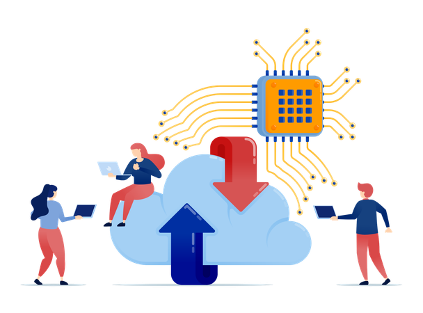 Cloud systems connected to learning machine chips provide efficient storage for upload and download servers improving data processing scalability  Illustration