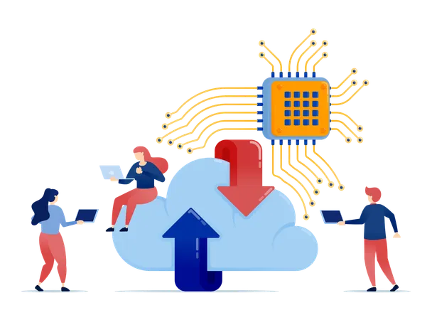 Cloud systems connected to learning machine chips provide efficient storage for upload and download servers improving data processing scalability  Illustration