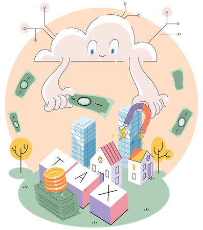 Cloud with magnet attracts money lying at skyscraper  Illustration