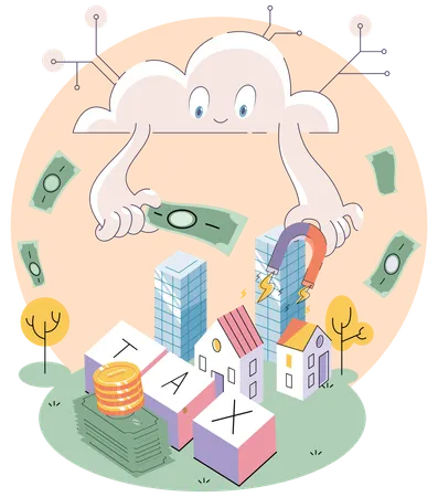 Cloud with magnet attracts money lying at skyscraper  Illustration