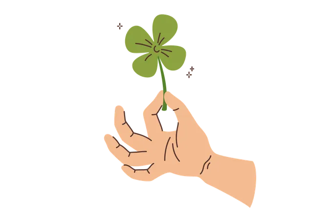 Clover in hand of man who picked plant and made wish to achieve good luck and fortune  Illustration