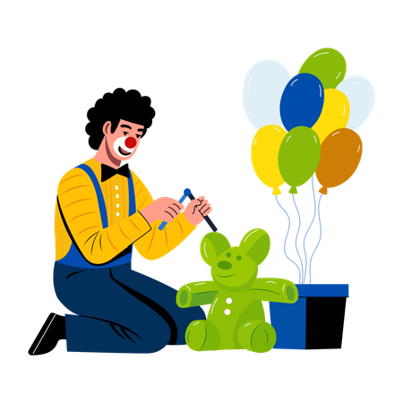 Clown d'anniversaire avec un nounours et des cadeaux d'anniversaire  Illustration