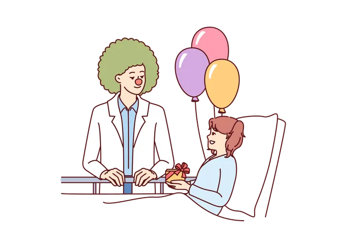 Clown Doctor Gives Gift To Child Who Is In Hospital And Needs Support And Positive Emotions Caring Doctor Pediatrician Stands Near Bed With Little Girl Undergoing Rehabilitation In Children Hospital Illustration