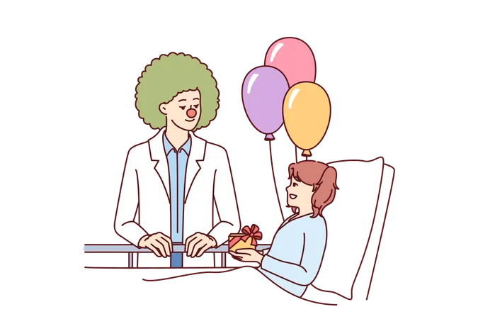 Clown doctor gives gift to child who is in hospital  Illustration