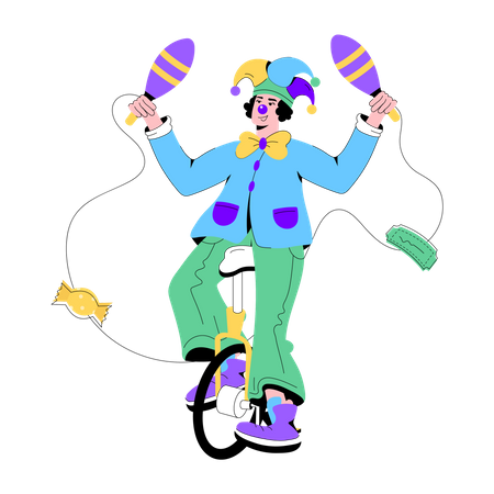 Clown doing Unicycle Trick  Illustration