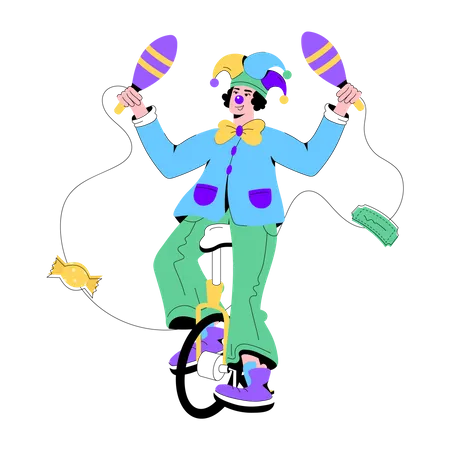 Clown doing Unicycle Trick  Illustration