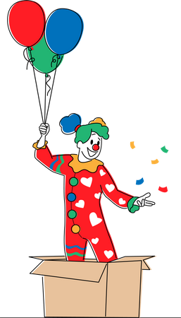 Clown féminin pop-up d'une boîte en carton avec des ballons  Illustration