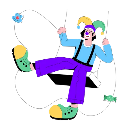 Modern Flat Illustration Of Clown Swinging Illustration