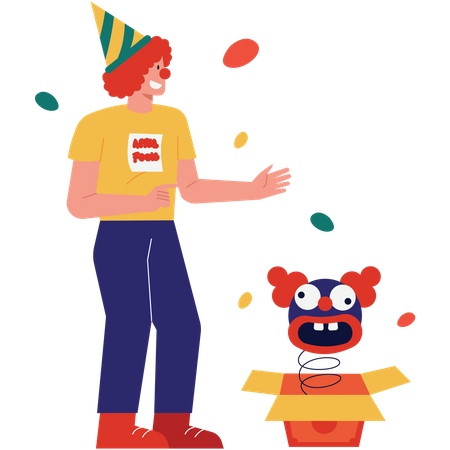 Clown with April Fool prank box  Illustration