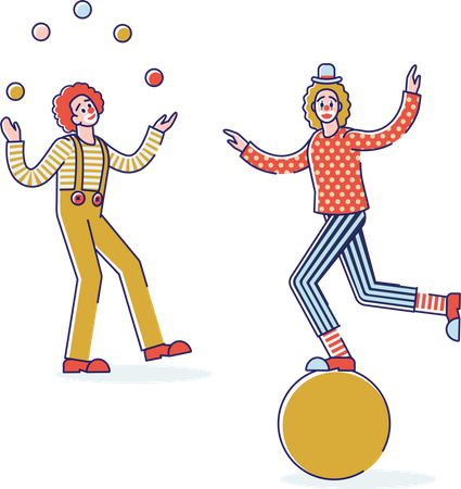 Clowns effectuant des jonglages et des équilibres  Illustration