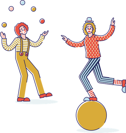 Clowns führen Jonglage- und Balanceübungen auf  Illustration