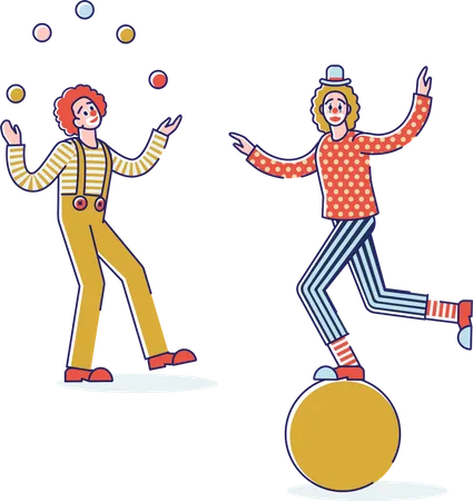 Clowns führen Jonglage- und Balanceübungen auf  Illustration