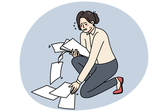 Clumsy businesswoman collect scattered paperwork on floor  Illustration