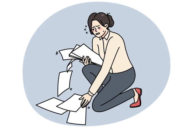Clumsy businesswoman collect scattered paperwork on floor  Illustration