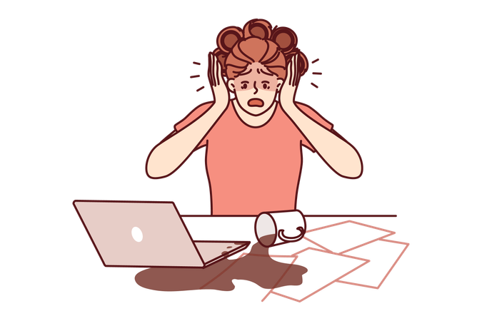 Clumsy businesswoman spilled coffee on laptop and documents due to frustration  Illustration