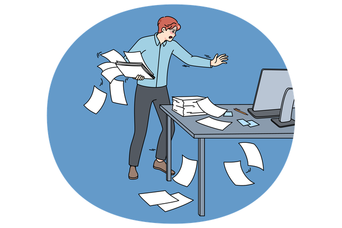 Clumsy employee collect paperwork in office  Illustration