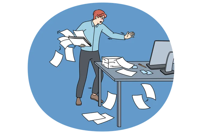 Clumsy employee collect paperwork in office  Illustration