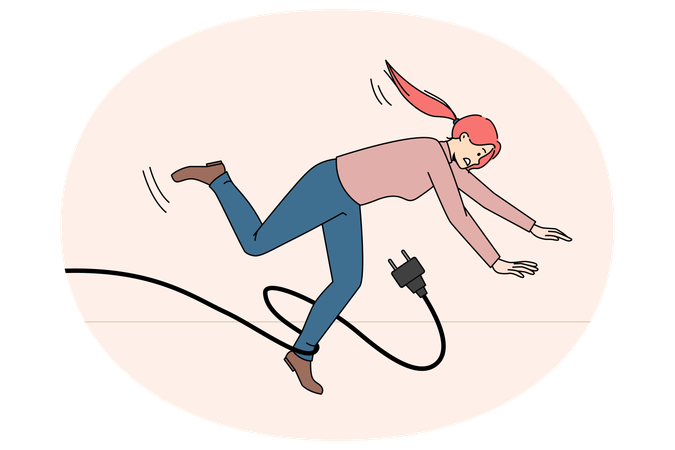 Clumsy woman fall stumble with power cable  Illustration