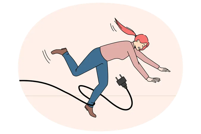 Clumsy woman fall stumble with power cable  Illustration