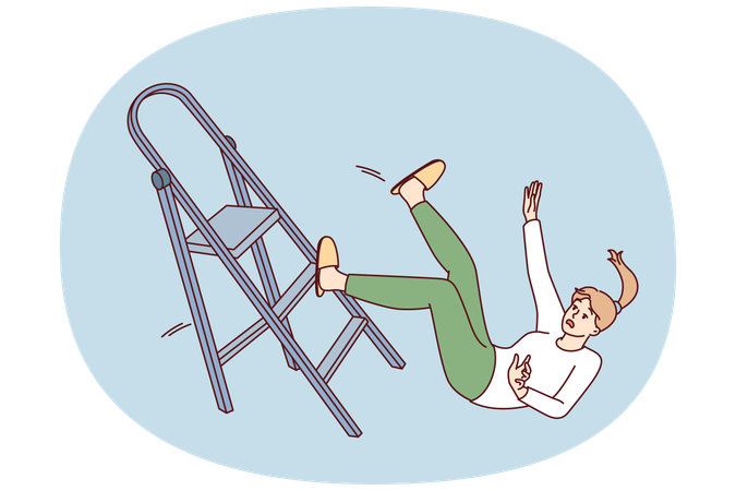 Clumsy woman falls off stepladder during repairing  Illustration