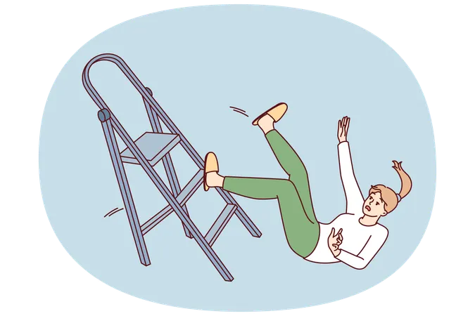 Clumsy woman falls off stepladder during repairing  Illustration