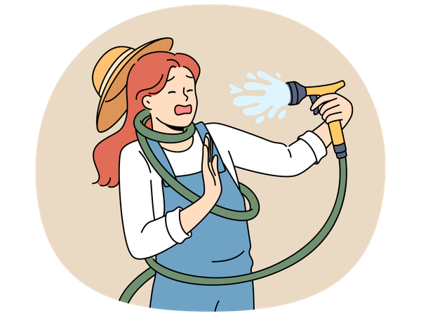 Clumsy woman with garden hose accidentally sprays herself with water while watering backyard lawn  Illustration