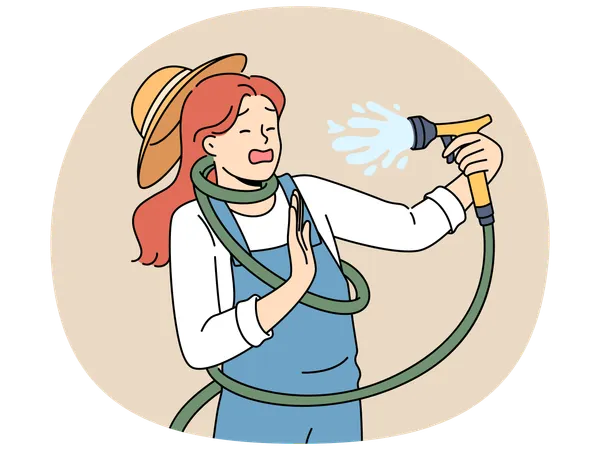 Clumsy woman with garden hose accidentally sprays herself with water while watering backyard lawn  Illustration