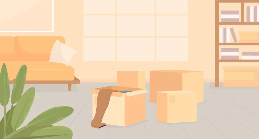Cluttered Living Room With Cardboard Boxes Flat Color Vector Illustration Organizing Belongings Messy Apartment Before Moving Fully Editable 2 D Simple Cartoon Interior With Furniture On Background Illustration