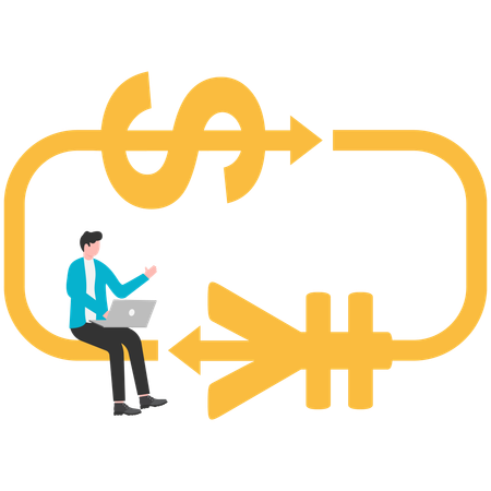 ビジネスマンによるドルと人民元の通貨記号の変換  イラスト