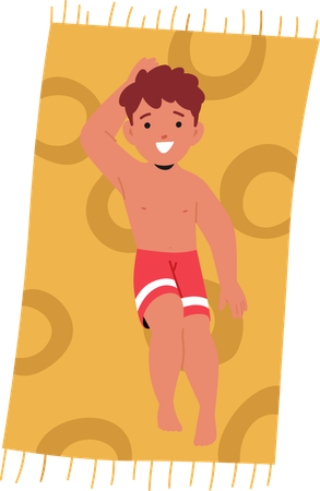 ビーチタオルでくつろぐ元気な少年  イラスト