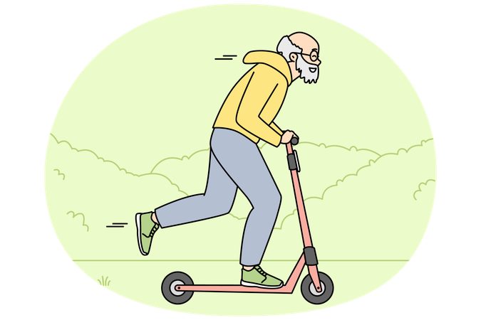 屋外でスクーターに乗る元気な年配の男性  イラスト