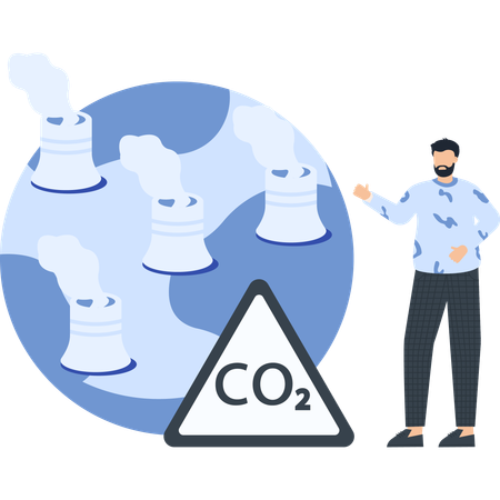CO2の看板を持った男性 発電所と地球温暖化  イラスト