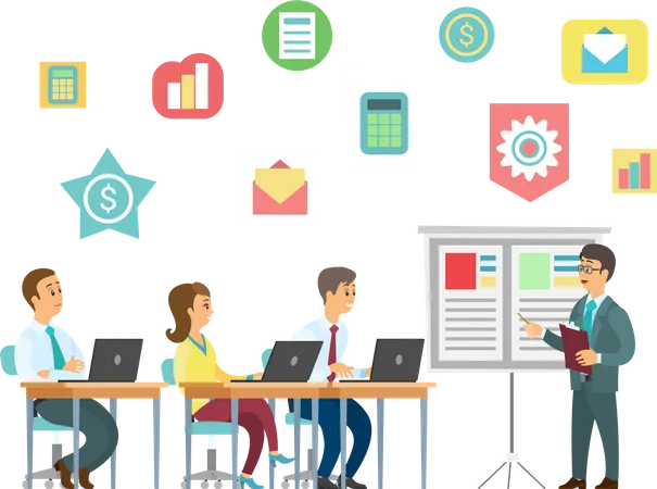 Coach and Students with Laptops, Business Training  Illustration