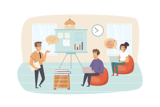 Coach brainstorming with employees, increases work motivation at business training Illustration