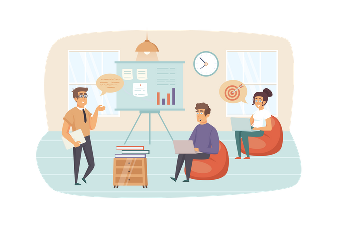 Coach brainstorming with employees, increases work motivation at business training  Illustration