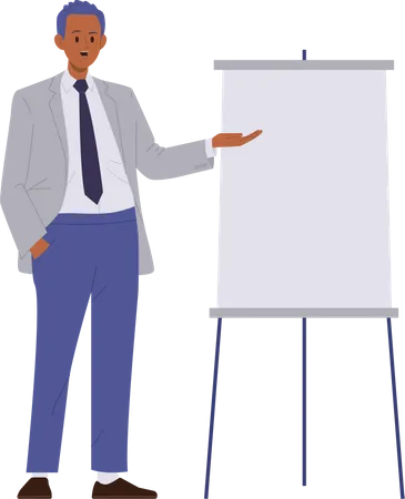 Coach d'affaires donnant une présentation organisant des cours de formation debout sur un tableau blanc  Illustration