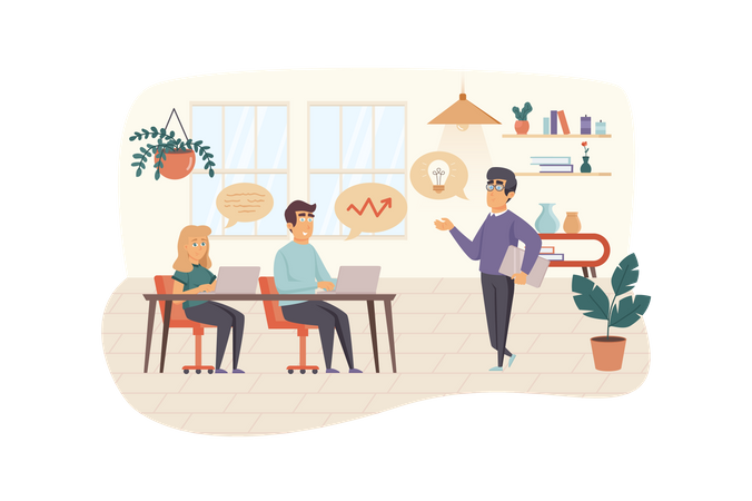 Coach gibt Seminar für Büromitarbeiter, Teambuilding  Illustration