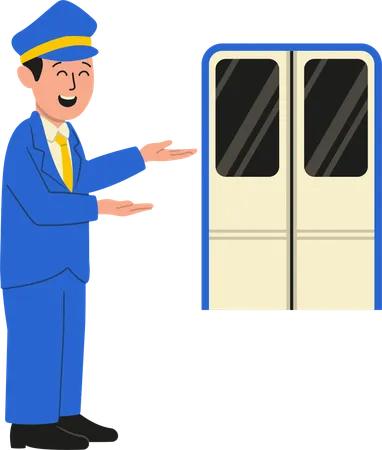 Coach guides passengers to move through door  Illustration